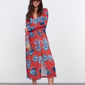 Zara Red blue floral vacation maxi dress size L Long sleeve collar v-neck NWT